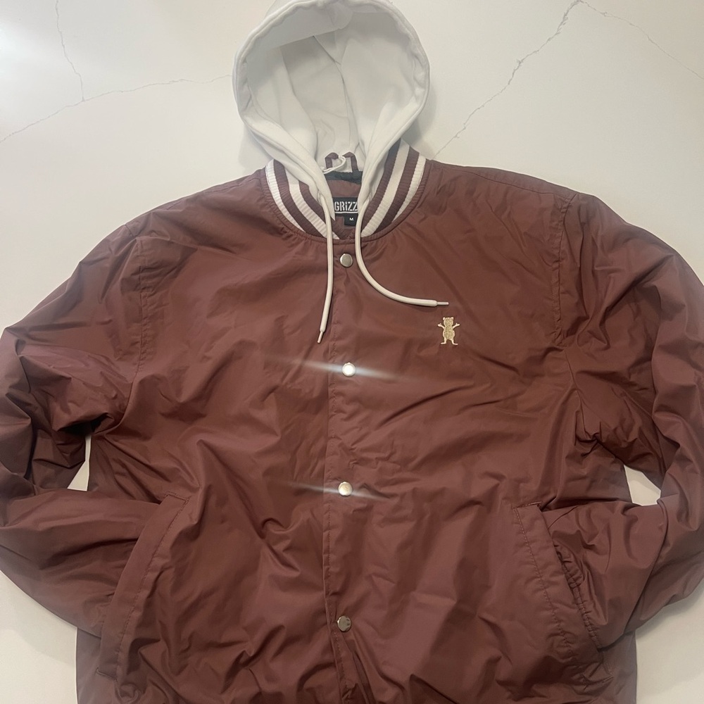 Grizzly Skateboarding Jacket Mens Medium Hooded Button Down Bear Brown Vintage